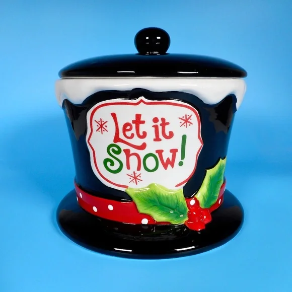 Let it Snow Snowman Top Hat Cookie Jar Christmas Holly Holiday